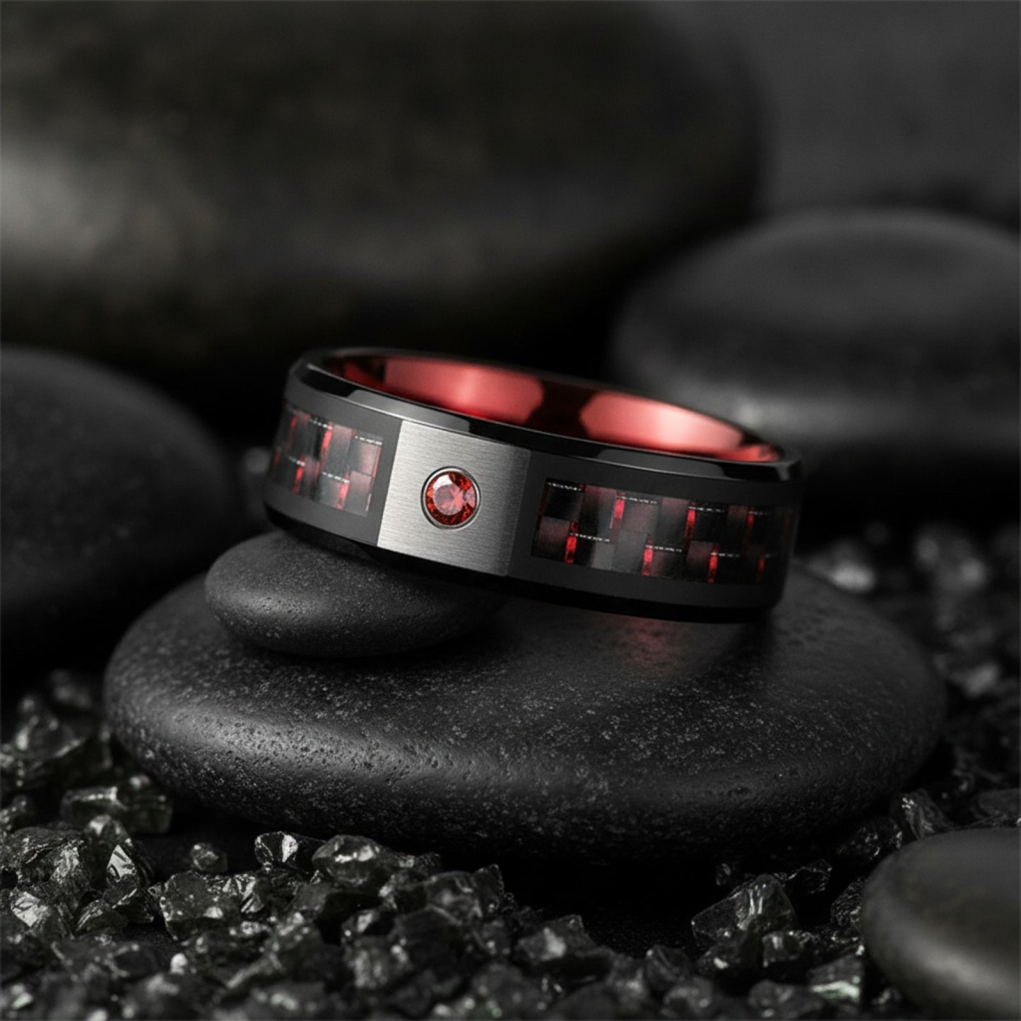 Bague de mariage homme 8mm en titane noir, zirconium rouge et fibre de carbone