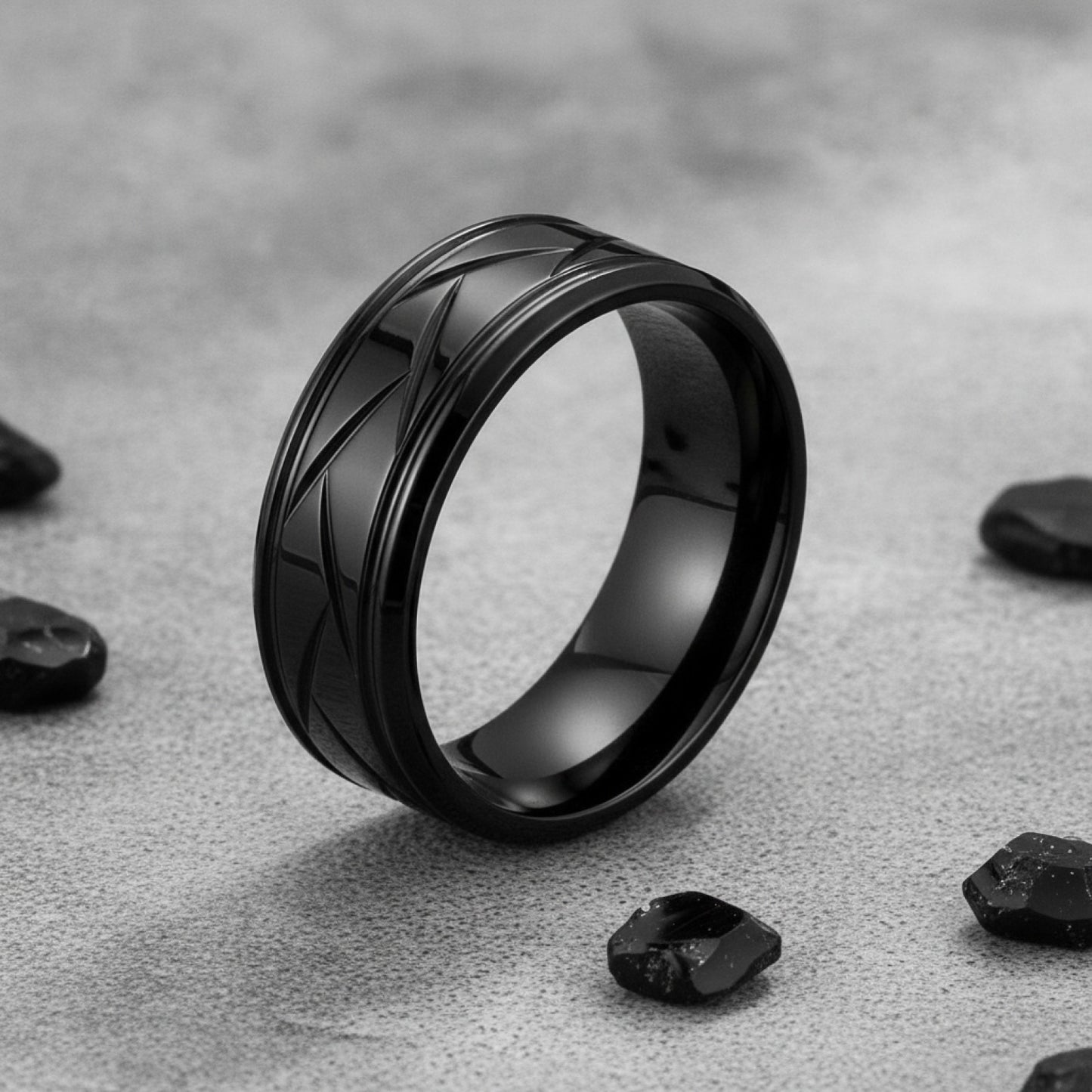 Bague Acier Inoxydable Noir Argenté - Design Rainuré Polyvalent pour Homme & Femme