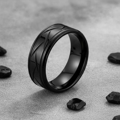 Bague Acier Inoxydable Noir Argenté - Design Rainuré Polyvalent pour Homme & Femme