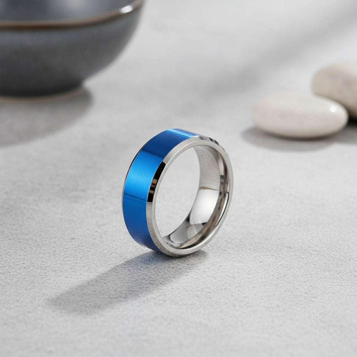 Bague de mariage homme acier inoxydable 8mm bleu brossé - Cadeau fiançailles couple