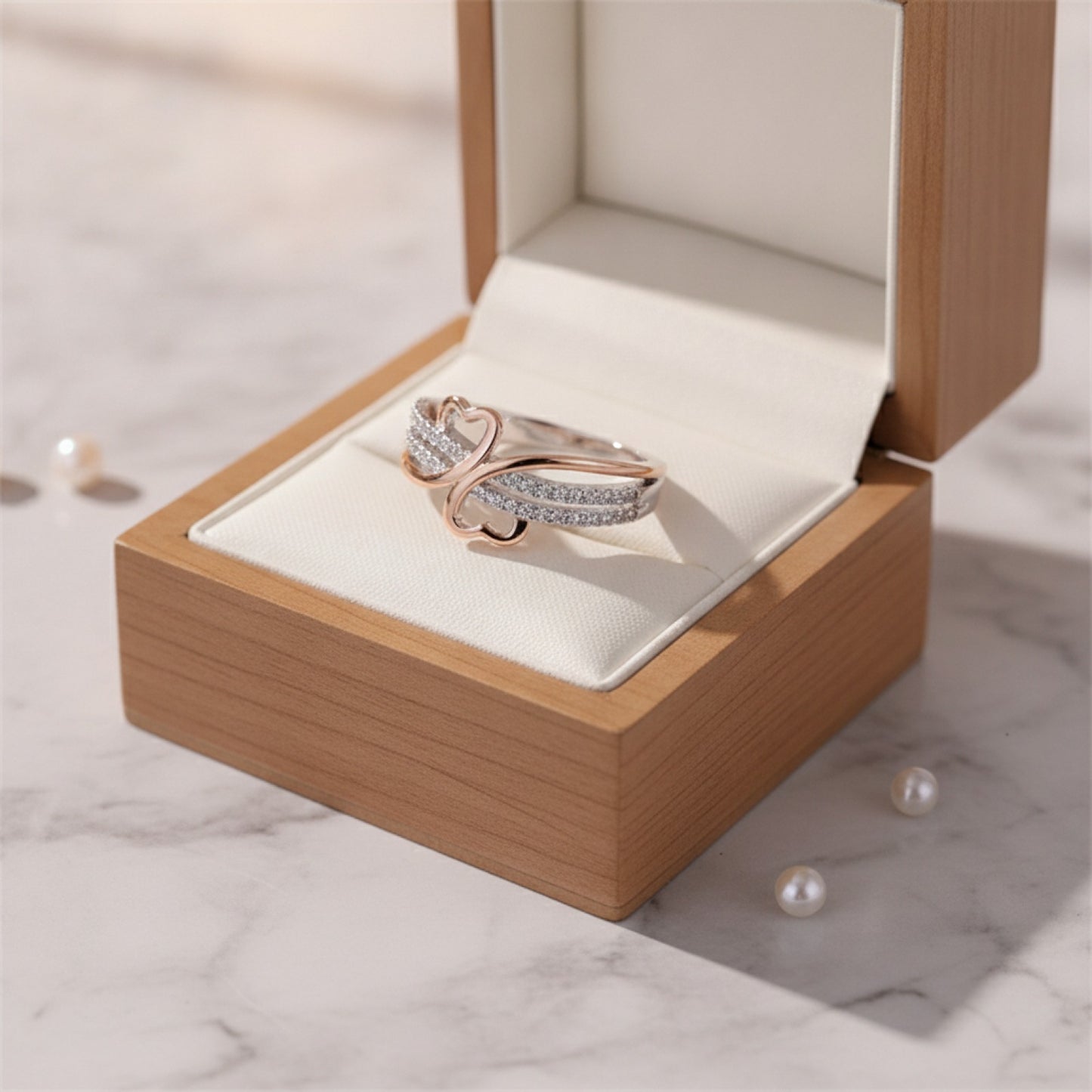 Bague Double Cœur Or Rose & Argenté - Bijou Femme Fiancailles Mariage