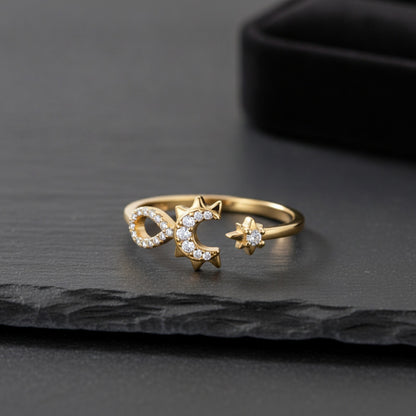 Bague Argent 925 Doré Femme Zircon Infini Étoile Lune - Bijou Cadeau Original