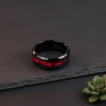 Bague de mariage unisexe en acier inoxydable noir, motif planète rouge