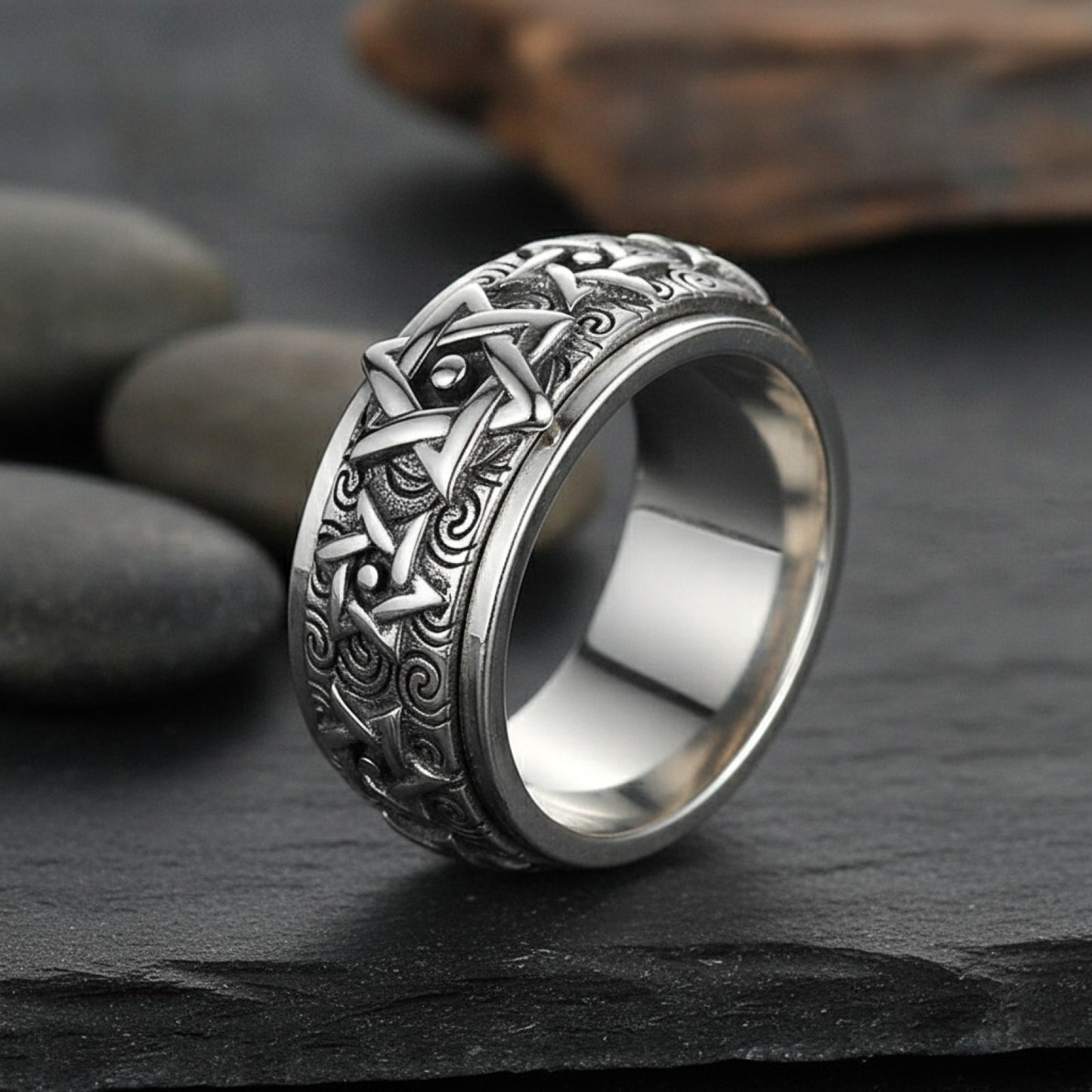 Bague Argent Homme Rétro Étoile à Six Branches Large