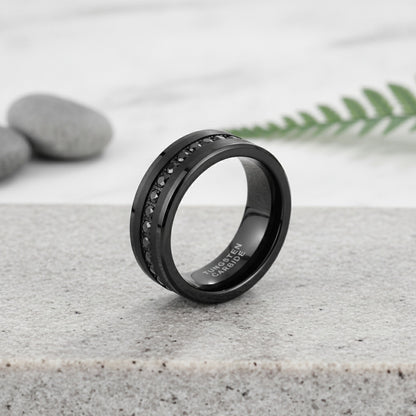 Bague Homme Femme en Tungstène Noir CZ - 8mm, Alliance Mariage Fiançailles Confortable