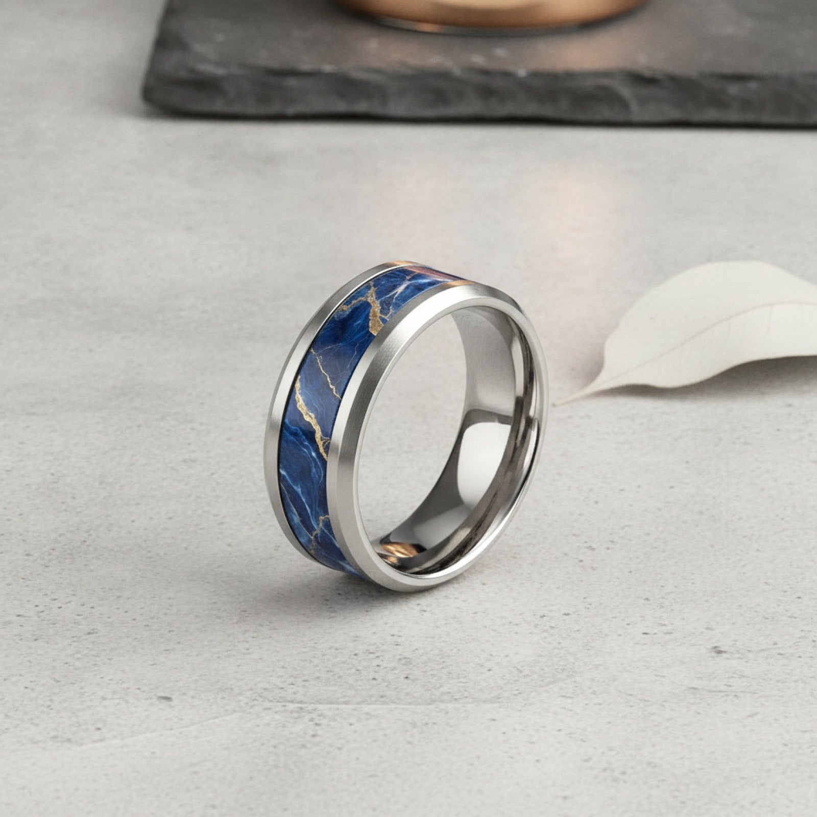 Bague Luxe Marbre Bleu Royal Doré Acier Inoxydable - Bijou Mariage & Cadeau Saint Valentin Femme Homme
