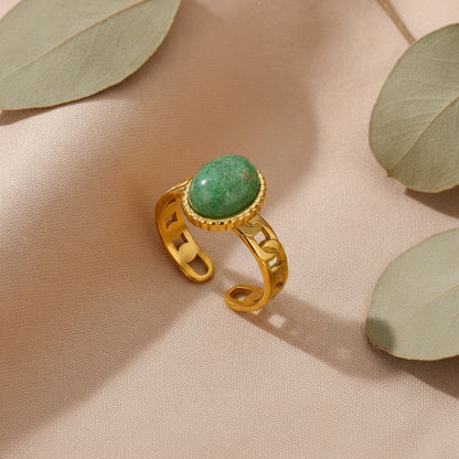 Bague Vintage Opale Verte Ovale Ajustable en Acier Inoxydable Doré - Bijou Esthétique Imperméable