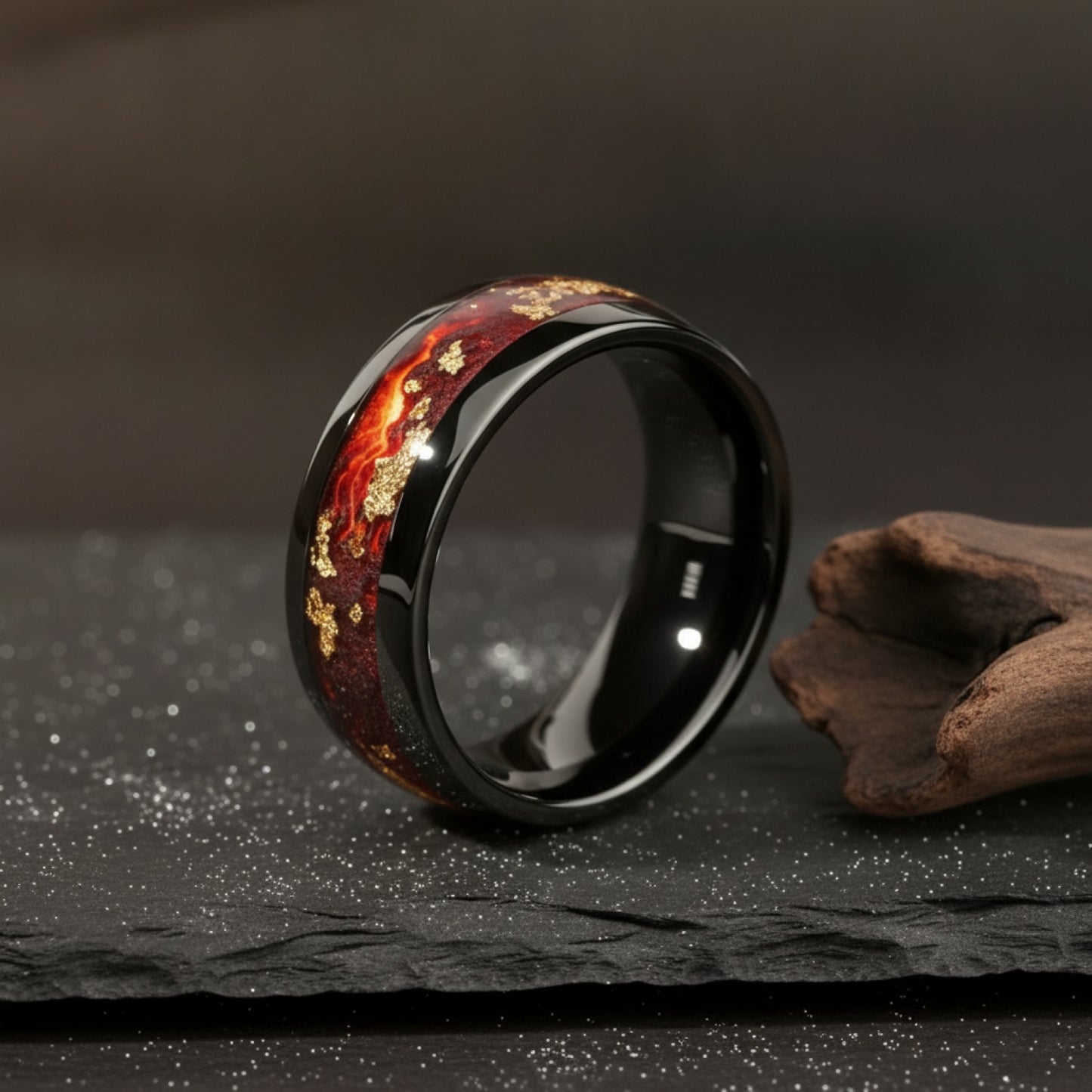 Bague Homme Acier Inoxydable Noir Lave Volcanique Feuille d'Or - Bijou Mariage Tendance