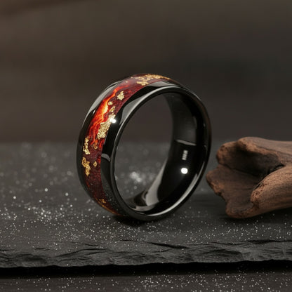 Bague Homme Acier Inoxydable Noir Lave Volcanique Feuille d'Or - Bijou Mariage Tendance