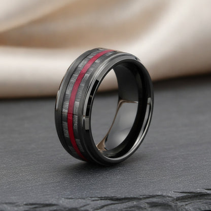 Bague Acier Inoxydable Noir 8mm avec Incrustation Fibre de Carbone - Bijou Homme & Femme pour Mariage ou Cadeau