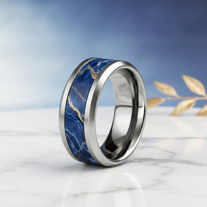 Bague Luxe Marbre Bleu Royal Doré Acier Inoxydable - Bijou Mariage & Cadeau Saint Valentin Femme Homme