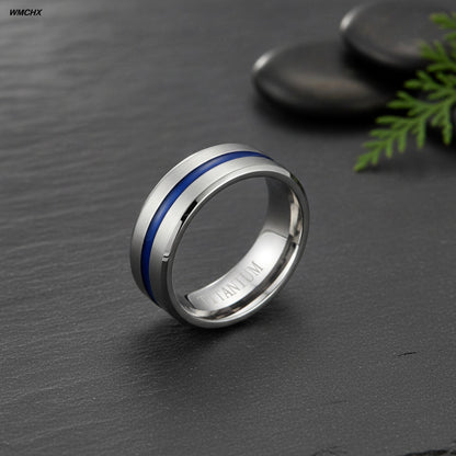 Bague Homme Acier Inoxydable Noir Brossé 8mm - Rainure Rouge & Bord Biseauté