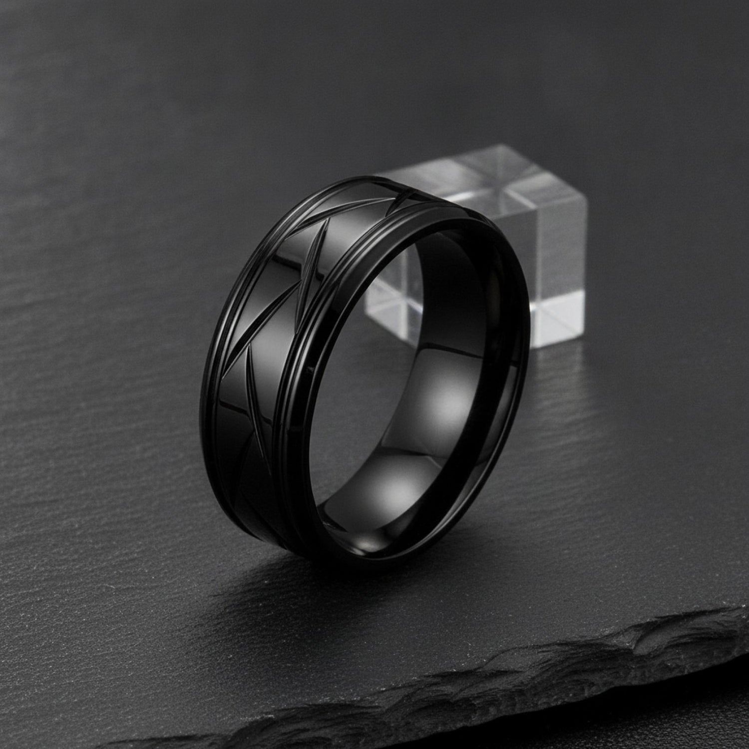 Bague Acier Inoxydable Noir Argenté - Design Rainuré Polyvalent pour Homme & Femme