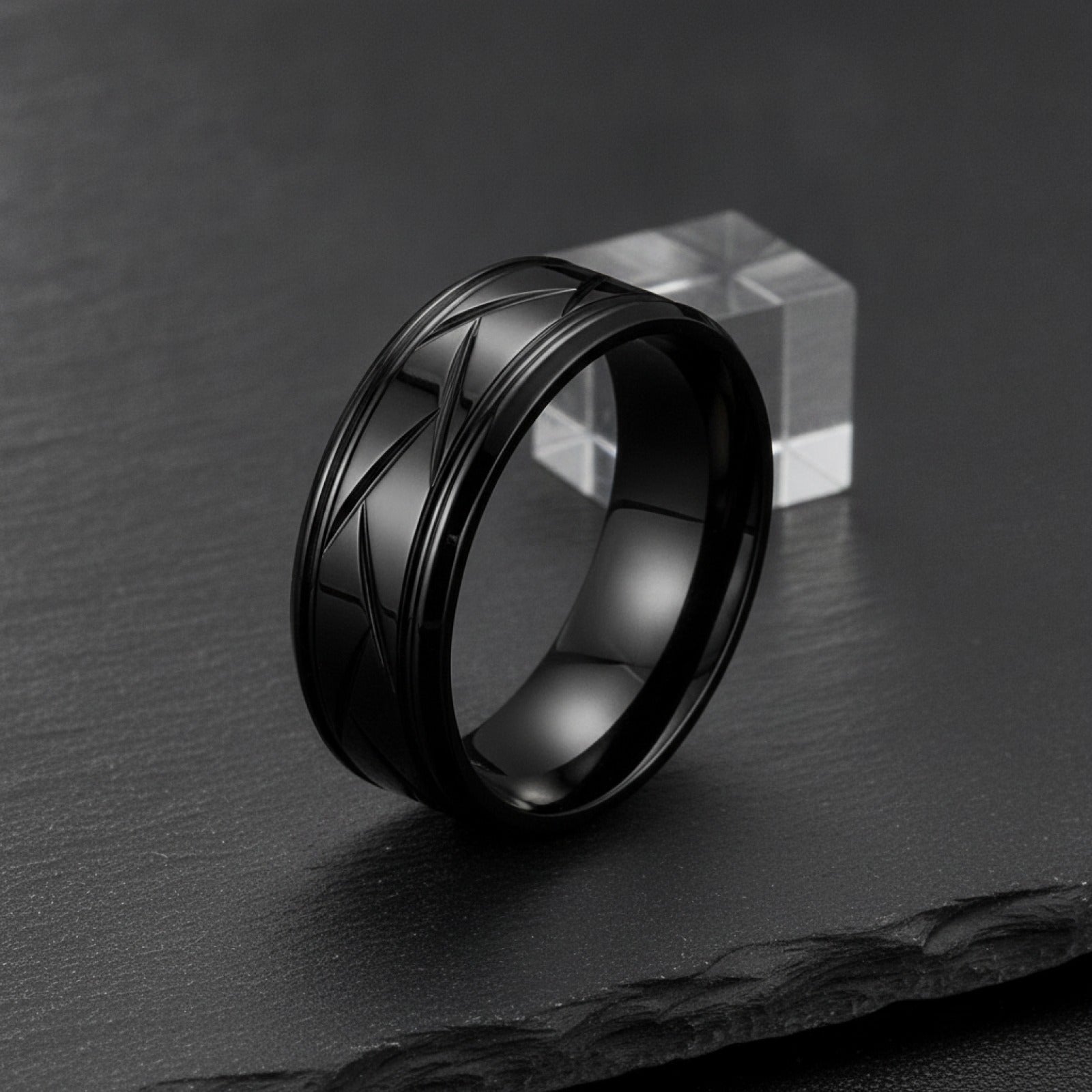 Bague Acier Inoxydable Noir Argenté - Design Rainuré Polyvalent pour Homme & Femme