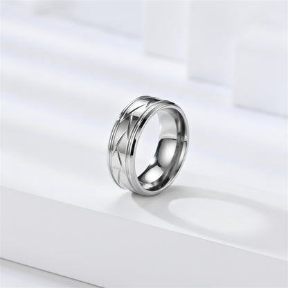 Bague Acier Inoxydable Noir Argenté - Design Rainuré Multi-facettes pour Homme et Femme