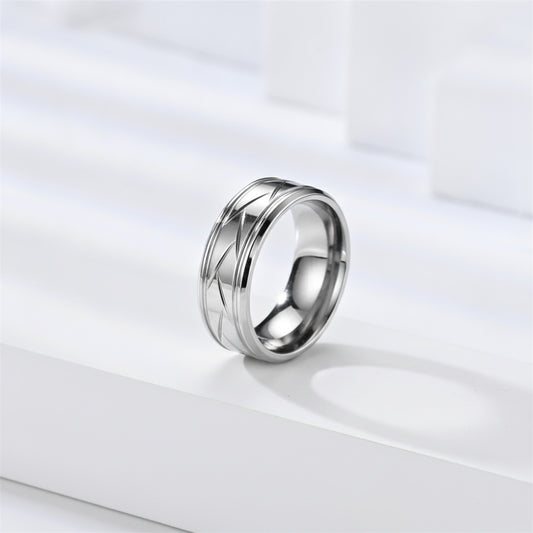 Bague Acier Inoxydable Noir Argenté - Design Rainuré Multi-facettes pour Homme et Femme