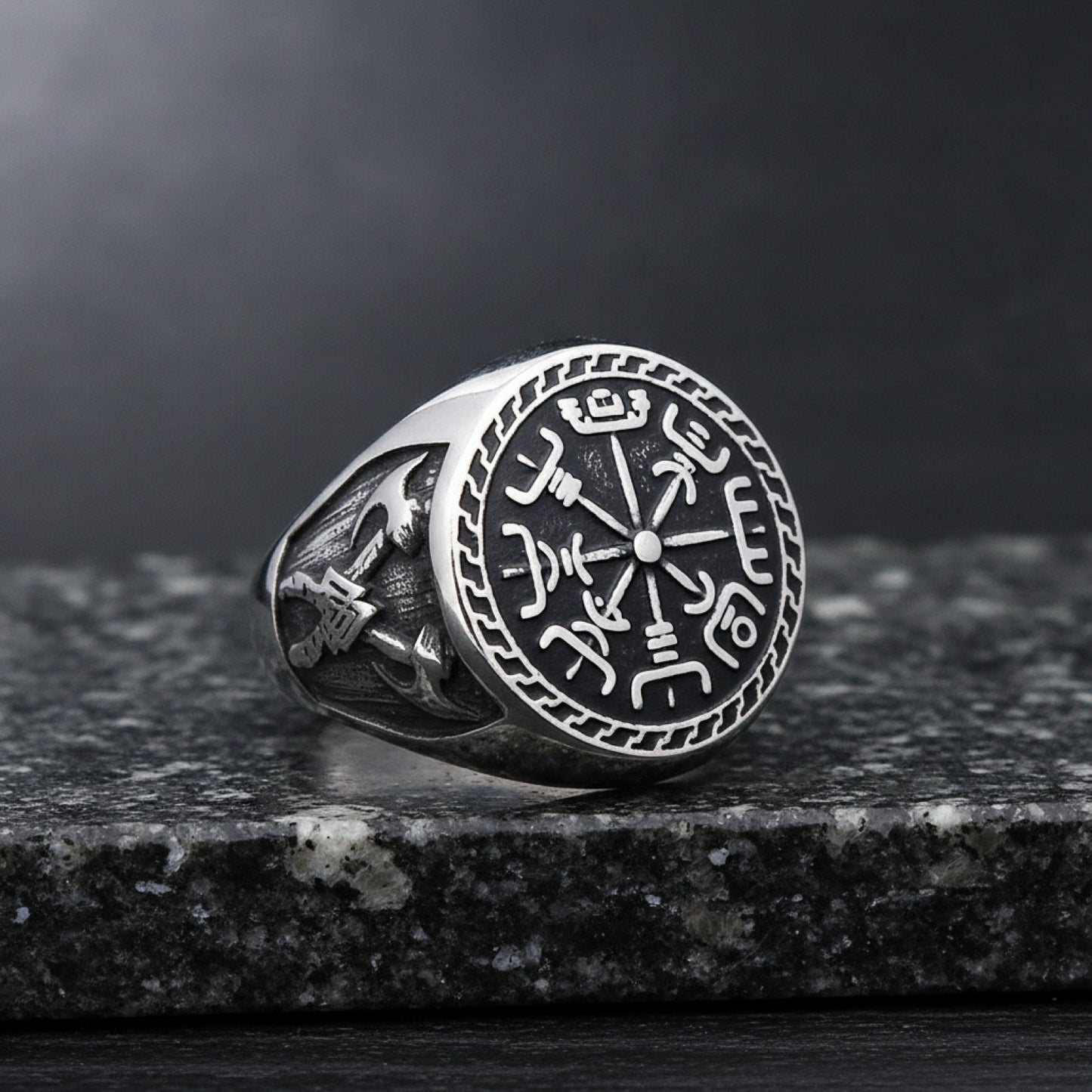 Bague Homme Acier Inoxydable Style Viking Compas & Runes Nordiques