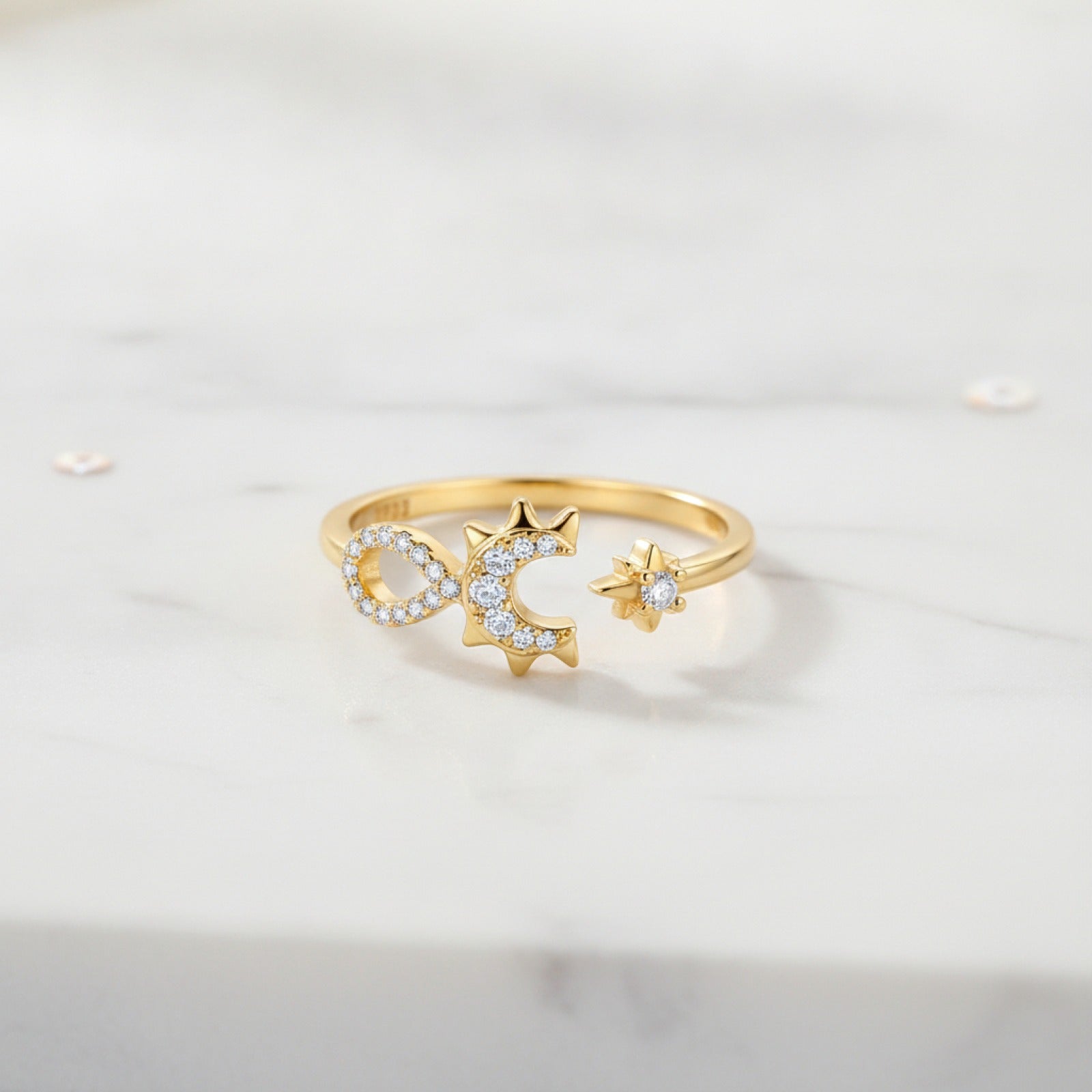 Bague Argent 925 Doré Femme Zircon Infini Étoile Lune - Bijou Cadeau Original