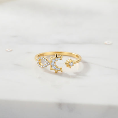 Bague Argent 925 Doré Femme Zircon Infini Étoile Lune - Bijou Cadeau Original