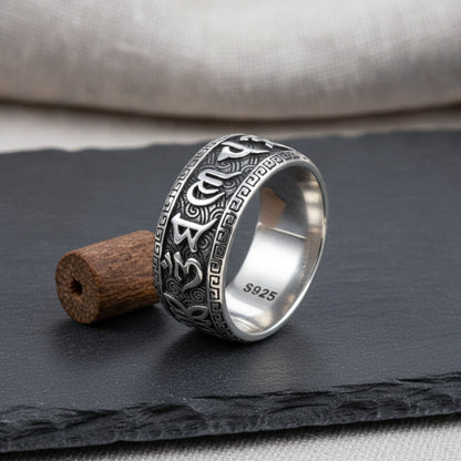 Bague Argent 925 Homme Réglable - Style Rétro Bouddhiste Om Mani Padme Hum
