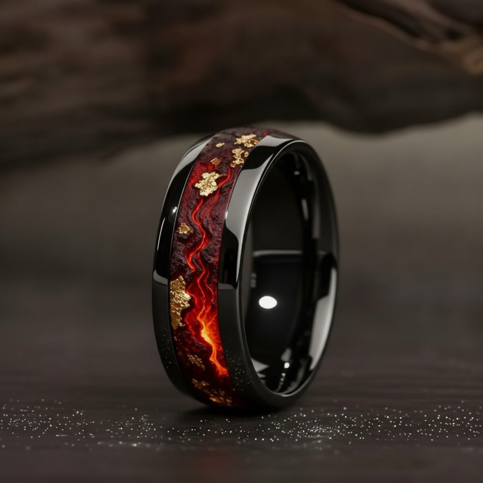 Bague Homme Acier Inoxydable Noir Lave Volcanique Feuille d'Or - Bijou Mariage Tendance
