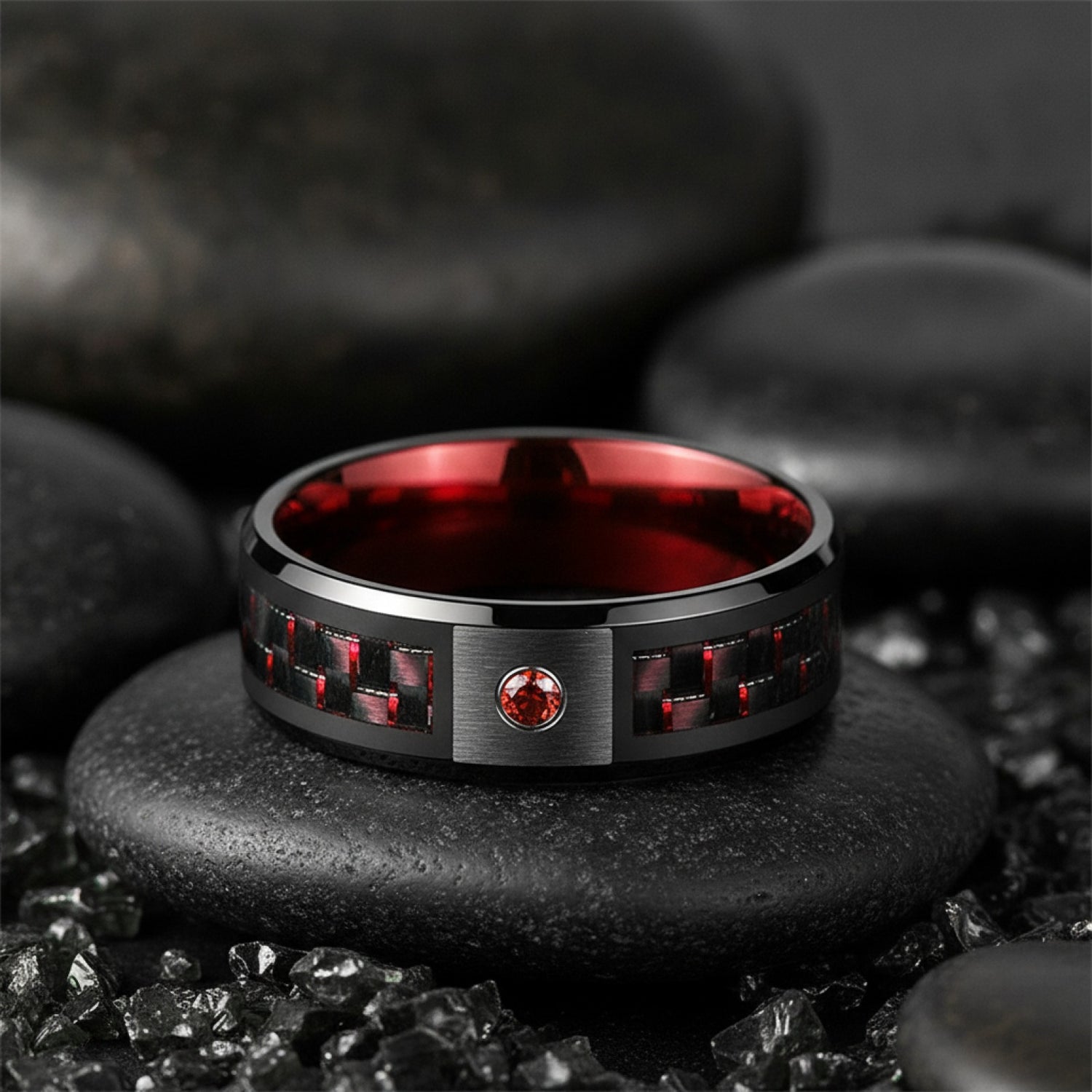 Bague de mariage homme 8mm en titane noir, zirconium rouge et fibre de carbone