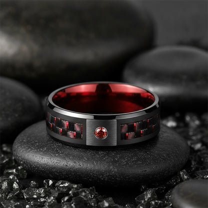 Bague de mariage homme 8mm en titane noir, zirconium rouge et fibre de carbone