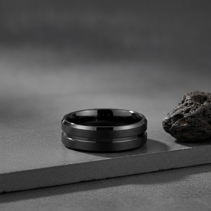 Bague de mariage homme 8mm en tungstène noir, bord biseauté et rainure