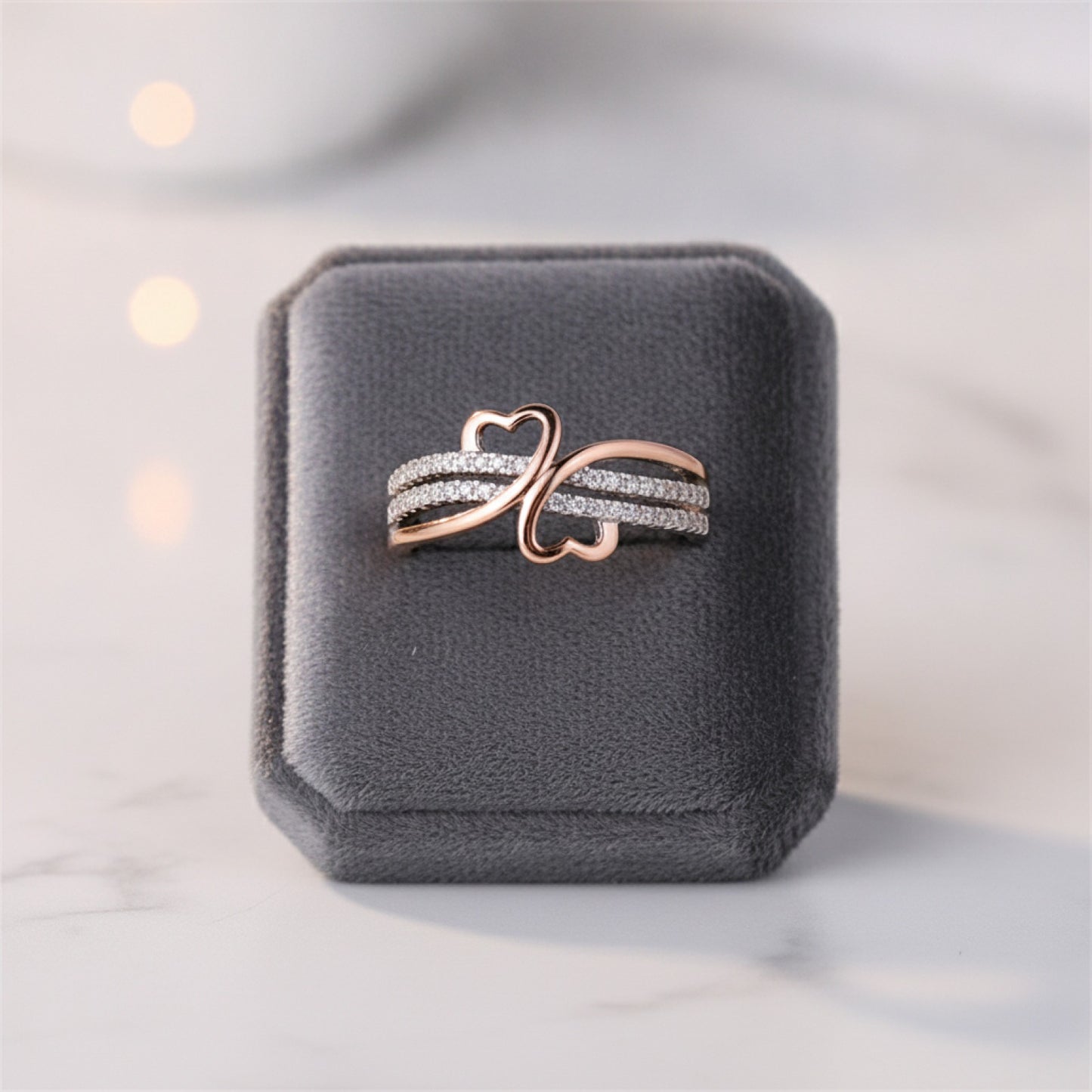Bague Double Cœur Or Rose & Argenté - Bijou Femme Fiancailles Mariage