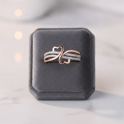 Bague Double Cœur Or Rose & Argenté - Bijou Femme Fiancailles Mariage