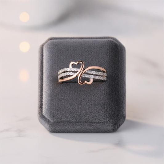 Bague Double Cœur Or Rose & Argenté - Bijou Femme Fiancailles Mariage