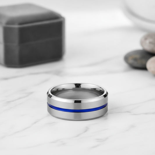 Bague Homme Acier Inoxydable Argent Brossé avec Rainure Bleue 8mm - Bijou Mariage