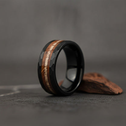Bague Homme Acier Inoxydable 8mm - Design Bois de Cerf Noir Brossé & Koa - Bijou Mariage Tendance