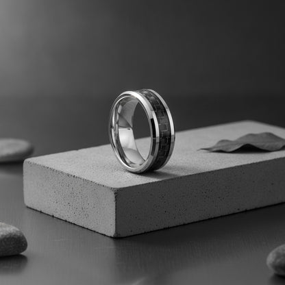 Bague Homme Acier Inoxydable Argent & Fibre de Carbone Noire - Bijou Mariage & Cadeau Mode