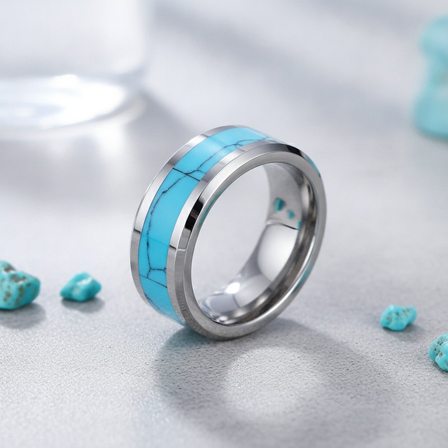 Bague Alliance en Carbure de Tungstène 8mm avec Turquoise Bleue Naturelle - Unisexe