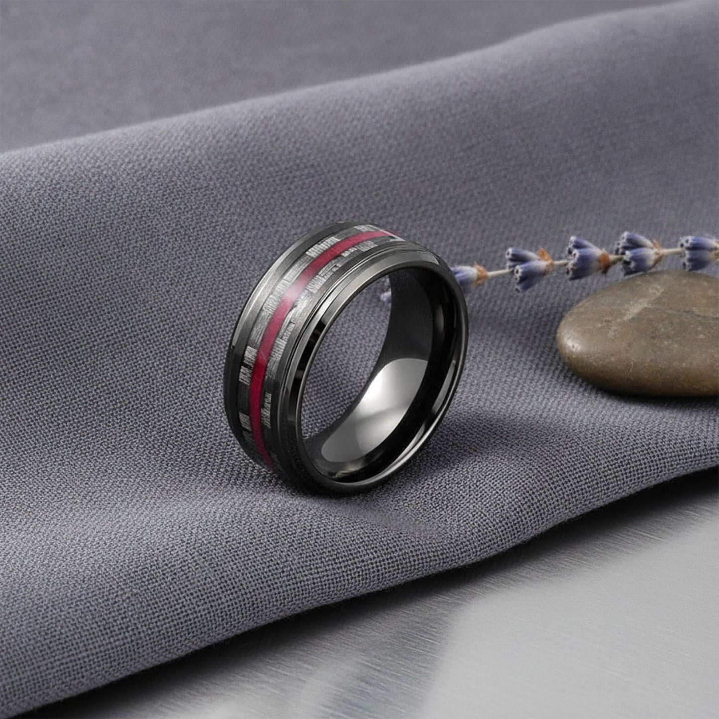 Bague Acier Inoxydable Noir 8mm avec Incrustation Fibre de Carbone - Bijou Homme & Femme pour Mariage ou Cadeau