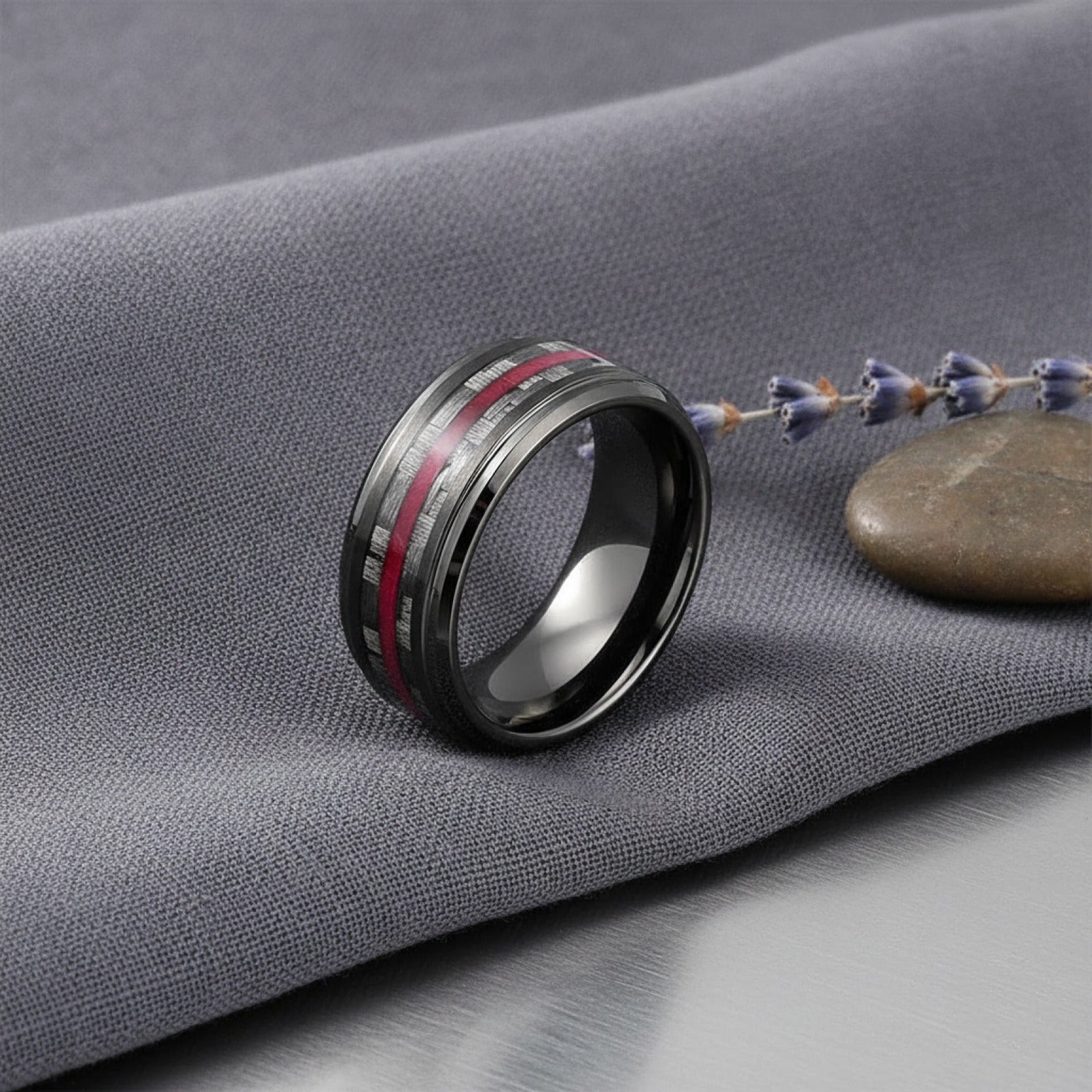 Bague Acier Inoxydable Noir 8mm avec Incrustation Fibre de Carbone - Bijou Homme & Femme pour Mariage ou Cadeau