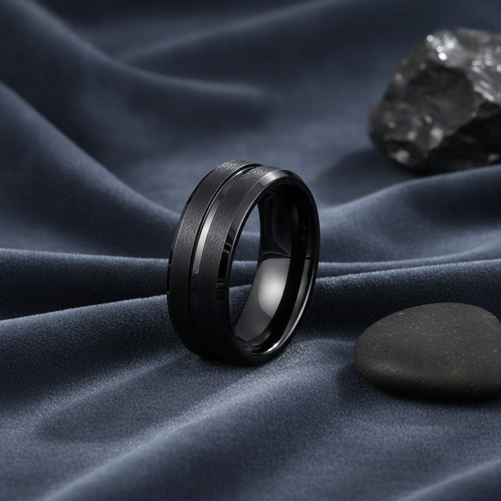 Bague de mariage homme 8mm en tungstène noir, bord biseauté et rainure