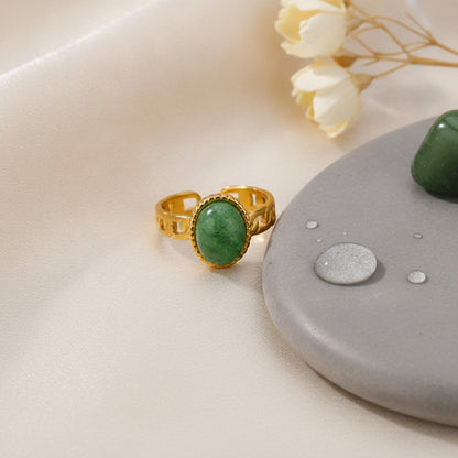 Bague Vintage Opale Verte Ovale Ajustable en Acier Inoxydable Doré - Bijou Esthétique Imperméable