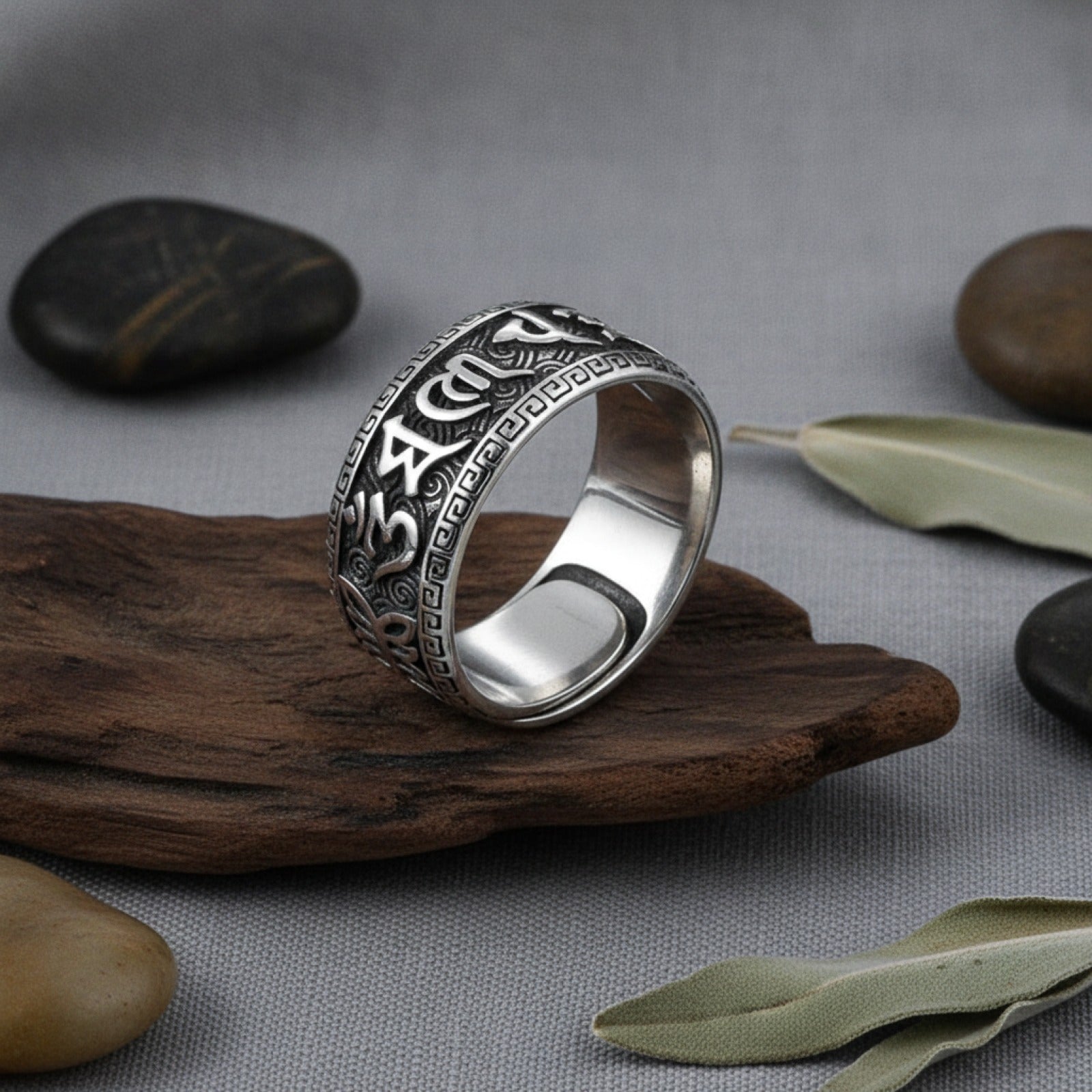 Bague Argent 925 Homme Réglable - Style Rétro Bouddhiste Om Mani Padme Hum