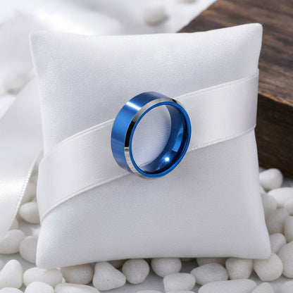 Bague de mariage homme acier inoxydable 8mm bleu brossé - Cadeau fiançailles couple