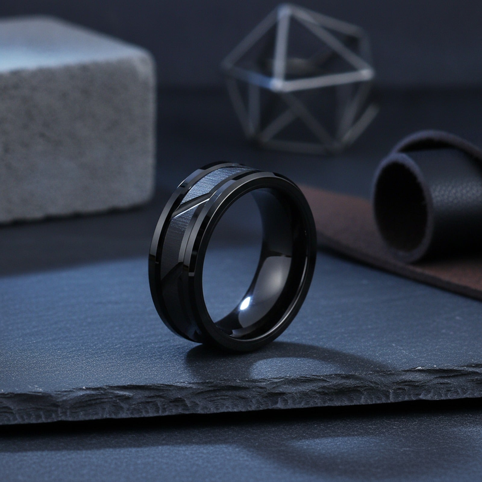 Bague Titane Noir Motif Brique pour Homme et Femme - Anneau Acier Inoxydable Bords Biseautés