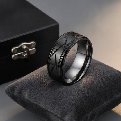 Bague Acier Inoxydable Noir Argenté - Design Rainuré Polyvalent pour Homme & Femme