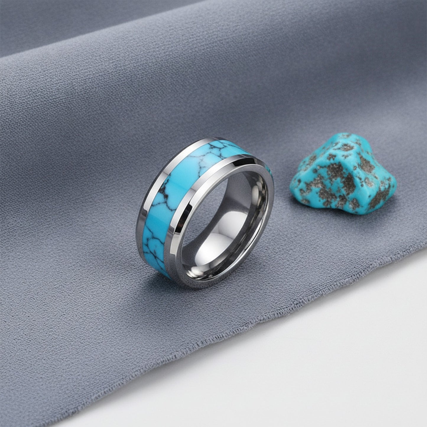 Bague Alliance en Carbure de Tungstène 8mm avec Turquoise Bleue Naturelle - Unisexe