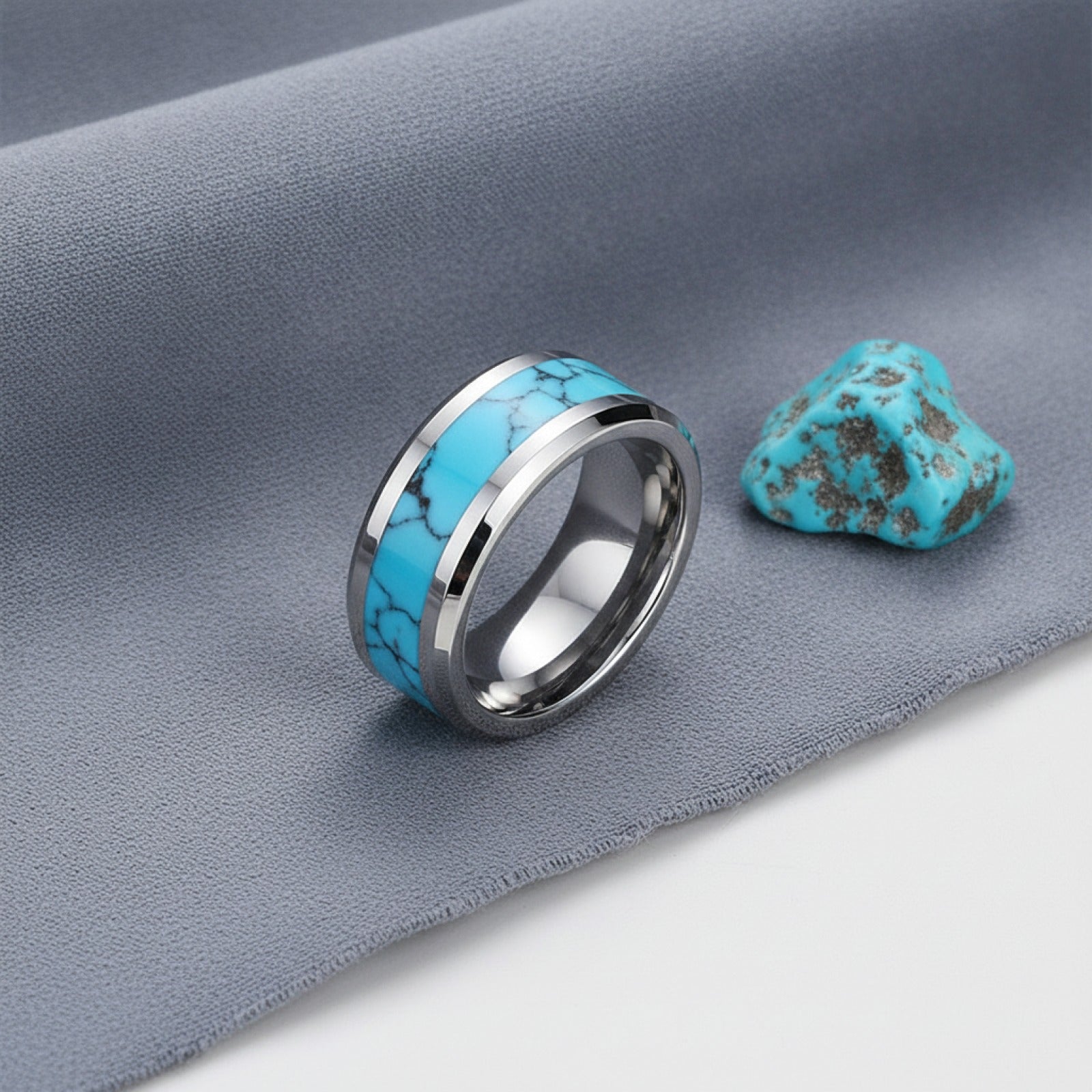 Bague Alliance en Carbure de Tungstène 8mm avec Turquoise Bleue Naturelle - Unisexe