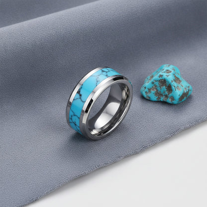 Bague Alliance en Carbure de Tungstène 8mm avec Turquoise Bleue Naturelle - Unisexe