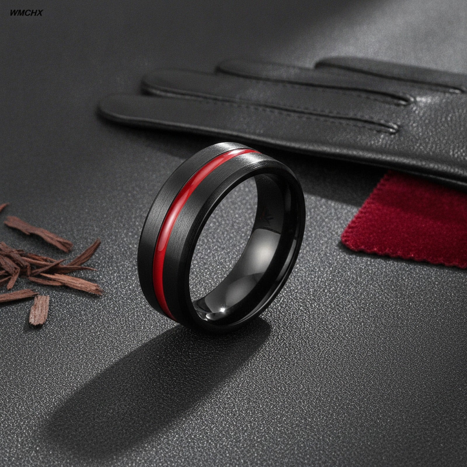 Bague Homme Acier Inoxydable Noir Brossé 8mm - Rainure Rouge & Bord Biseauté