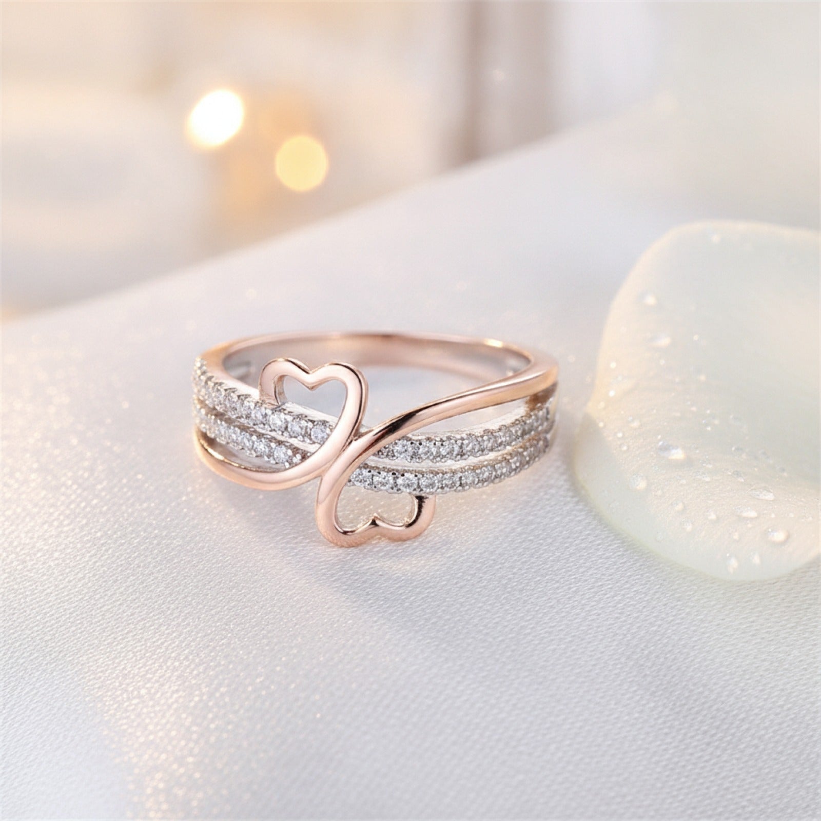 Bague Double Cœur Or Rose & Argenté - Bijou Femme Fiancailles Mariage