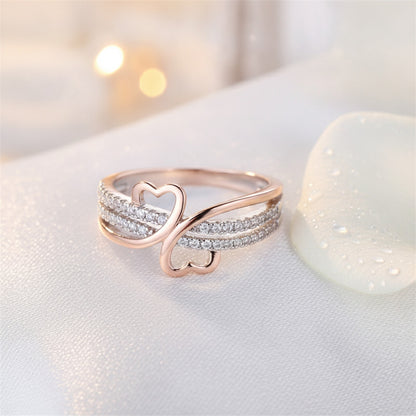 Bague Double Cœur Or Rose & Argenté - Bijou Femme Fiancailles Mariage