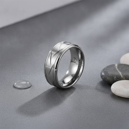 Bague Acier Inoxydable Noir Argenté - Design Rainuré Multi-facettes pour Homme et Femme